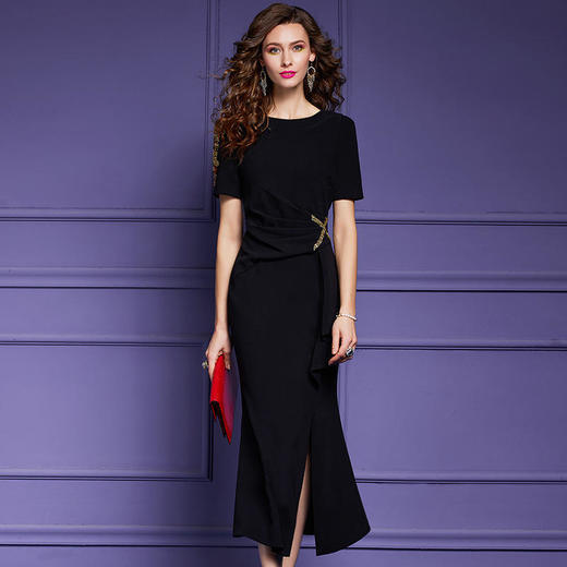 FMY-44117短袖夏装新法式气质褶皱修身鱼尾裙长裙 商品图1