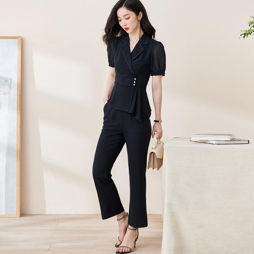 剩M 米思阳2022夏季新款通勤休闲时尚套装修身短袖上衣长裤两件套1640 商品图3