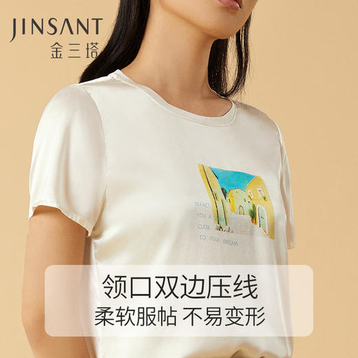 金三塔桑蚕丝弹力缎女士定位时尚印花 真丝短袖印花T恤上衣  YSFCA702 商品图2