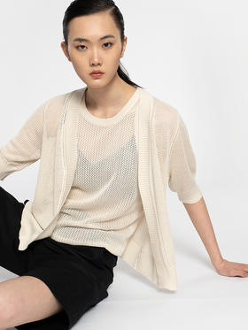 女士新款12针双股网眼丝羊绒7分袖圆领开衫