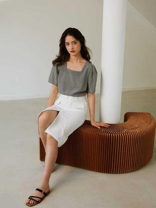 HeyDress醋酸格子上衣女夏季法式复古高腰别致短袖泡泡袖优雅小衫 商品图3