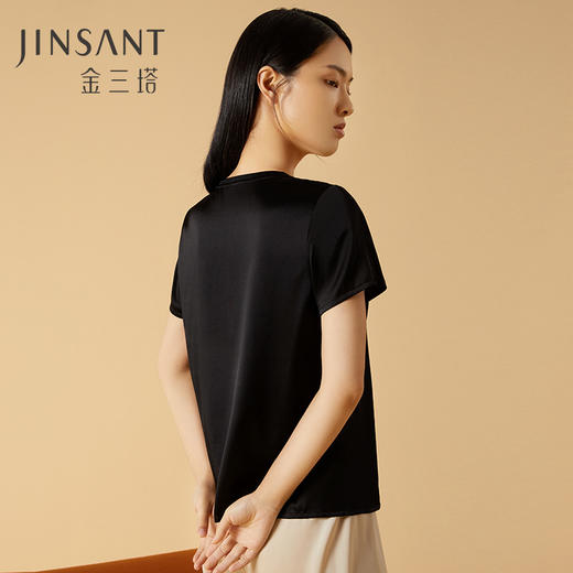 金三塔桑蚕丝弹力缎女士定位时尚印花 真丝短袖印花T恤上衣  YSFCA702 商品图1