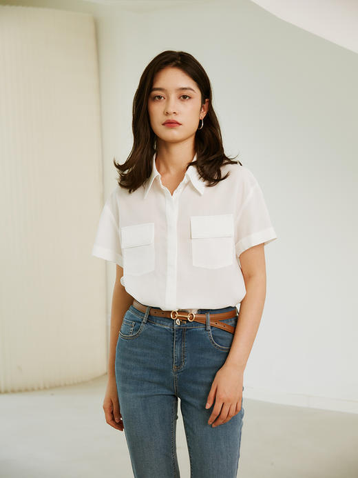 HeyDress天丝短袖衬衫女夏季薄款小翻领垂感衬衣宽松显瘦设计上衣 商品图4