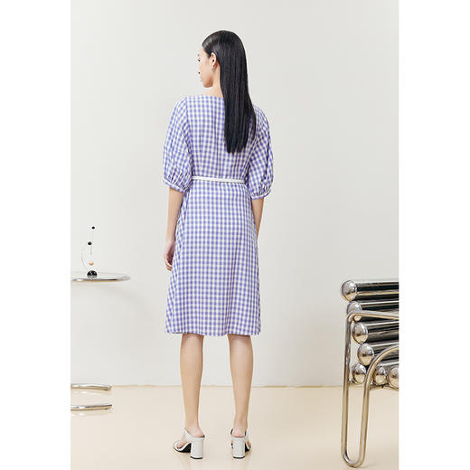 NEELLY纳俪商场同款复古方领格子连衣裙女单排扣系带A字裙中长款N22051Y01135 商品图4