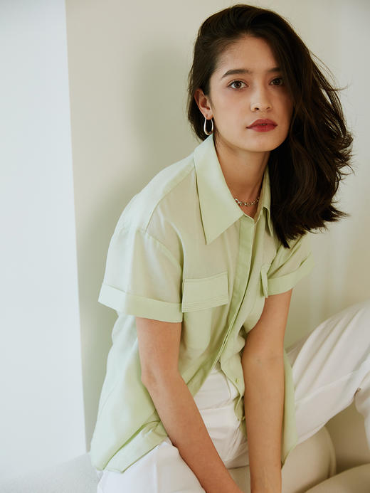 HeyDress天丝短袖衬衫女夏季薄款小翻领垂感衬衣宽松显瘦设计上衣 商品图3
