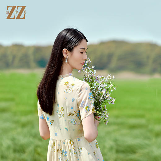 佐尔美2022夏季新款 桑蚕丝真丝印花小碎花连衣裙女E22LS37 商品图4