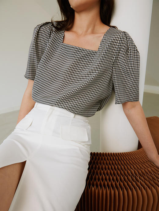 HeyDress醋酸格子上衣女夏季法式复古高腰别致短袖泡泡袖优雅小衫 商品图1