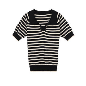 黛唯梵馨帮帮 法式设计感小众气质修身上衣polo衫v领条纹短袖针织衫女夏