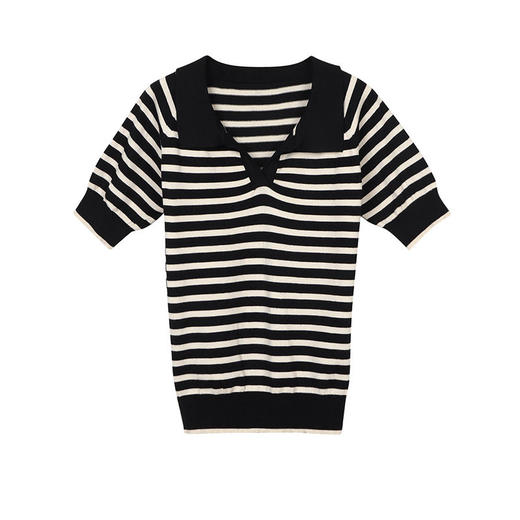 黛唯梵馨帮帮 法式设计感小众气质修身上衣polo衫v领条纹短袖针织衫女夏 商品图0