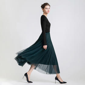 LIZZY四季款时尚优雅立体裁剪松紧腰双层纱百搭动感网纱裙7085