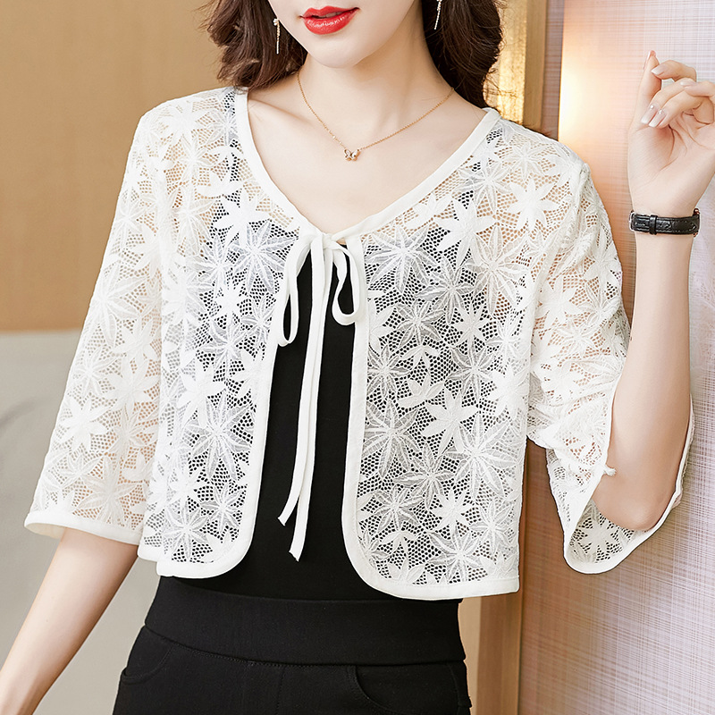 蕾丝衫开衫系带纯色短外套气质小披肩 MZ801838