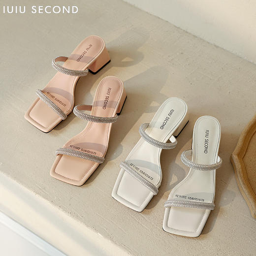IUIU SECOND 夏季法式方头粗跟细带水钻凉拖鞋U21BJ23491 商品图8