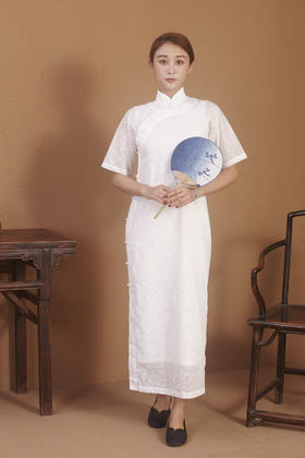 【漫物记】烂花棉连肩三分袖白色树叶纹旗袍（不含内搭）