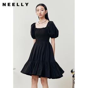NEELLY纳俪商场同款气质方领连衣裙女打缆泡泡袖大摆裙减龄小黑裙N22051Y01131