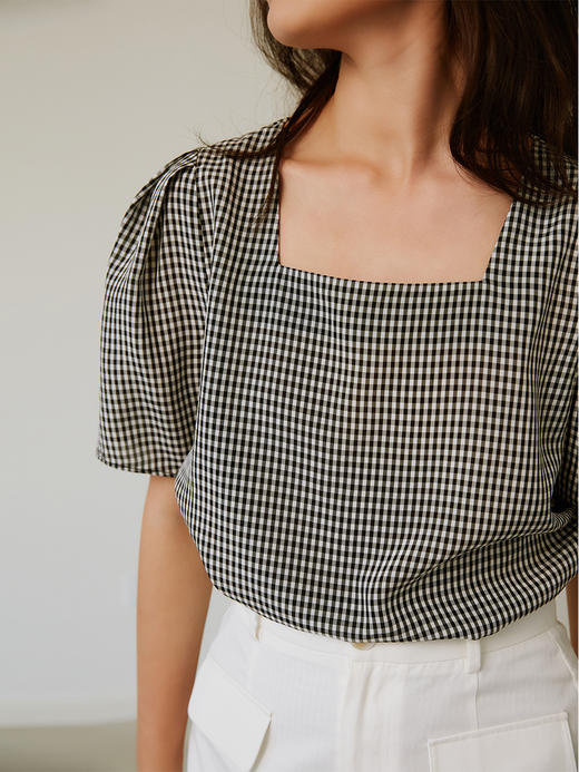 HeyDress醋酸格子上衣女夏季法式复古高腰别致短袖泡泡袖优雅小衫 商品图4