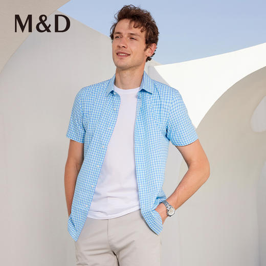 MD名盾夏季男士格纹短袖纯棉衬衫休闲时尚百搭格子半袖衬衣男 商品图1