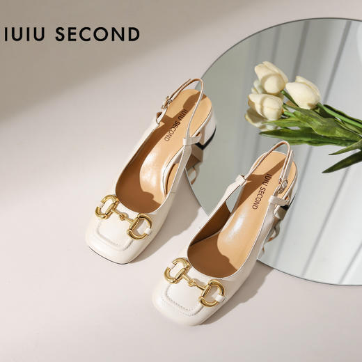 IUIU SECOND 春夏法式方头粗跟马衔扣后空凉鞋高跟鞋U21AH15371 商品图1