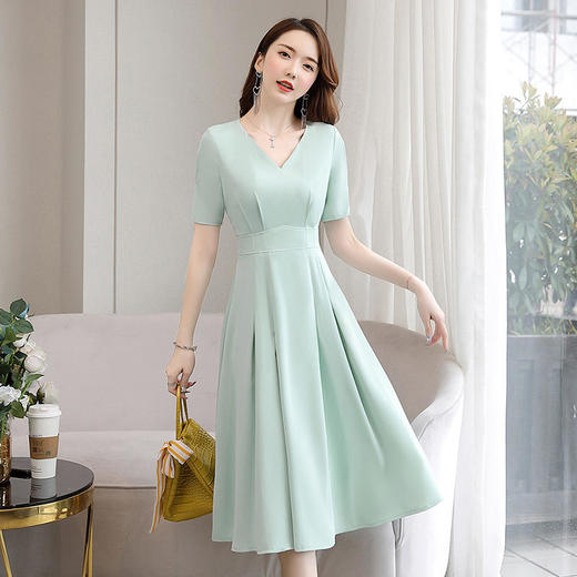 HR WG50829纯色简约过膝中长款修身显瘦拼接连衣裙 商品图2
