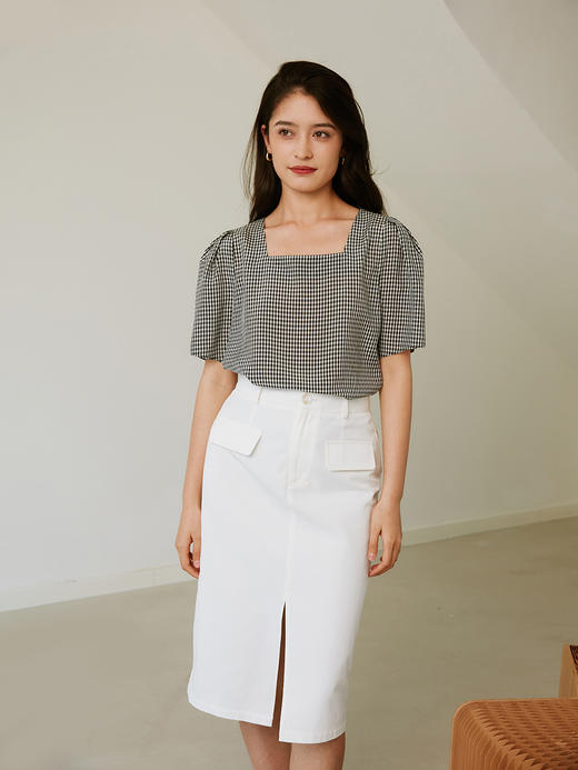 HeyDress醋酸格子上衣女夏季法式复古高腰别致短袖泡泡袖优雅小衫 商品图2