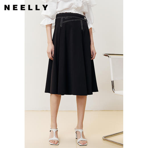 NEELLY纳俪商场同款半身裙女明线撞色不规则腰头压褶A字裙显瘦N22051E01139 商品图0