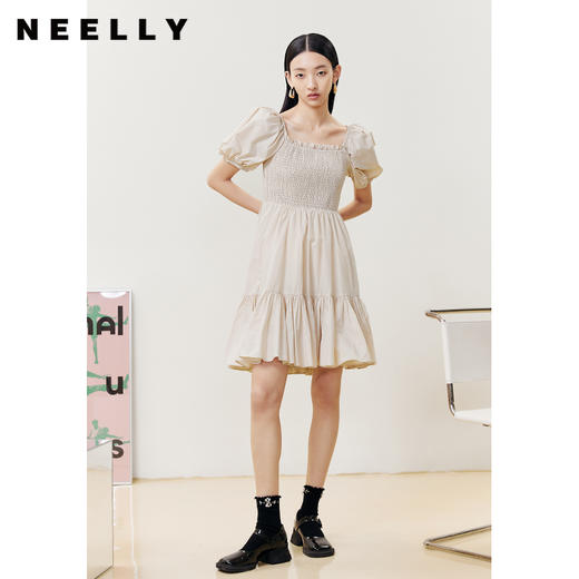NEELLY纳俪商场同款气质方领连衣裙女打缆泡泡袖大摆裙减龄小黑裙N22051Y01131 商品图2