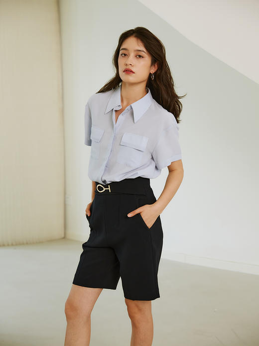 HeyDress天丝短袖衬衫女夏季薄款小翻领垂感衬衣宽松显瘦设计上衣 商品图1
