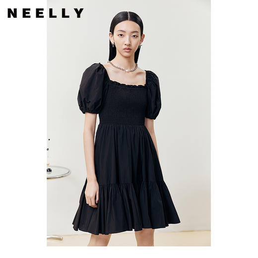 NEELLY纳俪商场同款气质方领连衣裙女打缆泡泡袖大摆裙减龄小黑裙N22051Y01131 商品图1