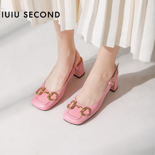 IUIU SECOND 春夏法式方头粗跟马衔扣后空凉鞋高跟鞋U21AH15371 商品图5