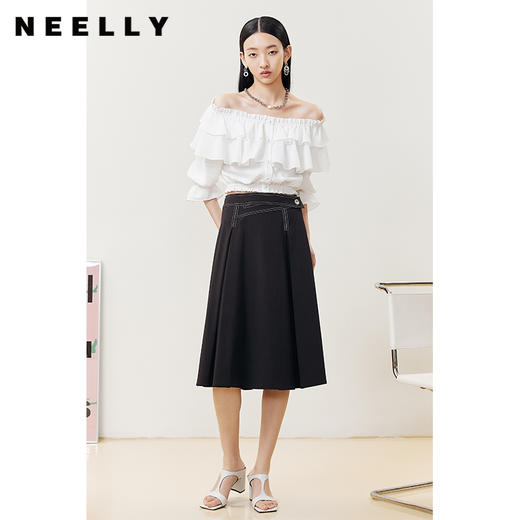 NEELLY纳俪商场同款半身裙女明线撞色不规则腰头压褶A字裙显瘦N22051E01139 商品图2