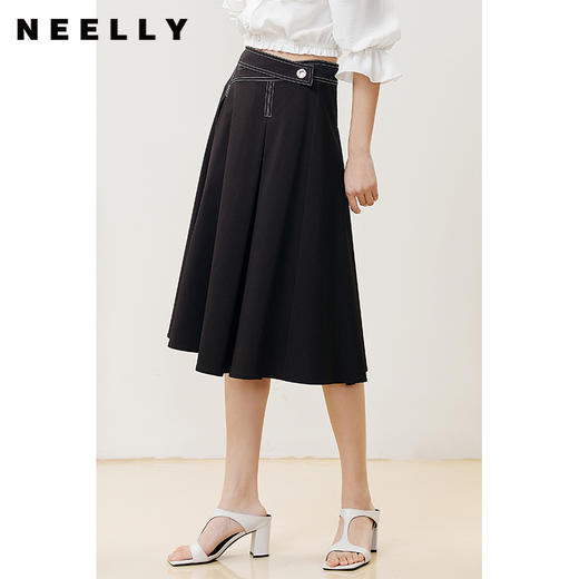 NEELLY纳俪商场同款半身裙女明线撞色不规则腰头压褶A字裙显瘦N22051E01139 商品图1