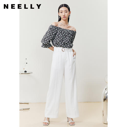 NEELLY纳俪商场同款夏季新款高腰阔腿裤女白色休闲长裤百搭直筒裤N22051H01144 商品图2