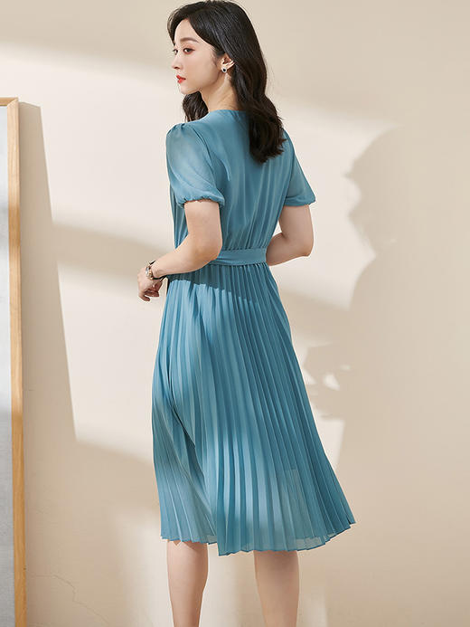 剩M/L/XL/XXL 米思阳2025夏季新款优雅气质淑女短袖连衣裙纯色百褶大摆裙1551 商品图2