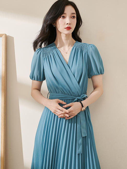 剩M/L/XL/XXL 米思阳2025夏季新款优雅气质淑女短袖连衣裙纯色百褶大摆裙1551 商品图1