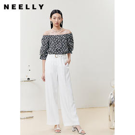 NEELLY纳俪商场同款撞色印花松紧一字肩衬衫女气质微喇袖短款上衣N22051R01119