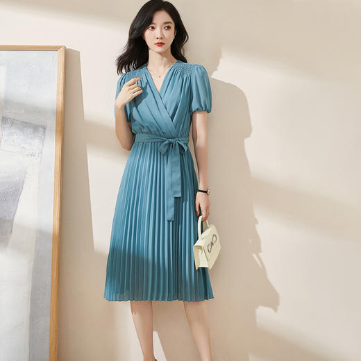 剩M/L/XL/XXL 米思阳2025夏季新款优雅气质淑女短袖连衣裙纯色百褶大摆裙1551 商品图0