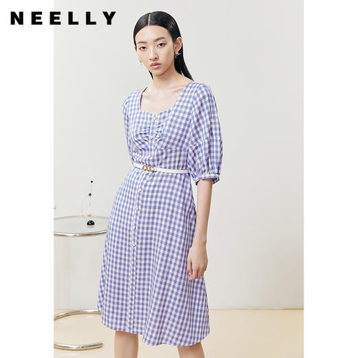 NEELLY纳俪商场同款复古方领格子连衣裙女单排扣系带A字裙中长款N22051Y01135 商品图1