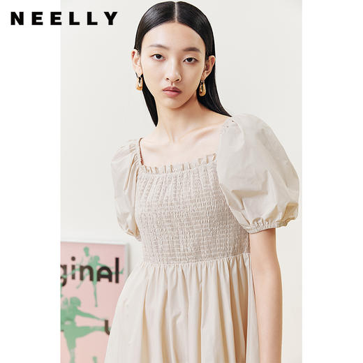 NEELLY纳俪商场同款气质方领连衣裙女打缆泡泡袖大摆裙减龄小黑裙N22051Y01131 商品图3