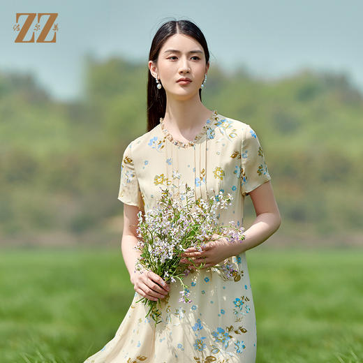 佐尔美2022夏季新款 桑蚕丝真丝印花小碎花连衣裙女E22LS37 商品图0