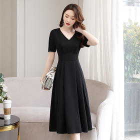 HR WG50829纯色简约过膝中长款修身显瘦拼接连衣裙