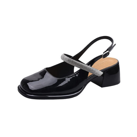 2022年新款夏季包头凉鞋女夏粗跟中跟水钻方头一字带高跟鞋 商品图8