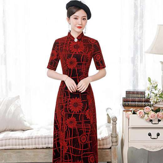 BJ-232旗袍新款亮丝绒复古改良大摆旗袍连衣裙长款修身显瘦日常改良旗袍 商品图0
