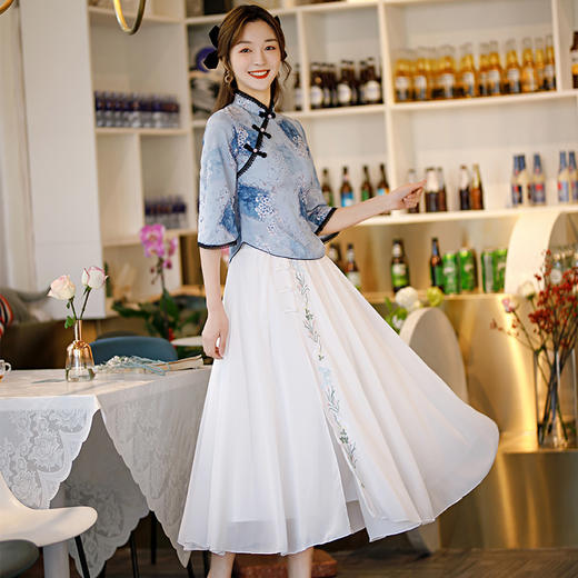 BJ-2115春夏季新款少女清新雪纺旗袍 日常清新改良旗袍连衣裙套装 商品图0