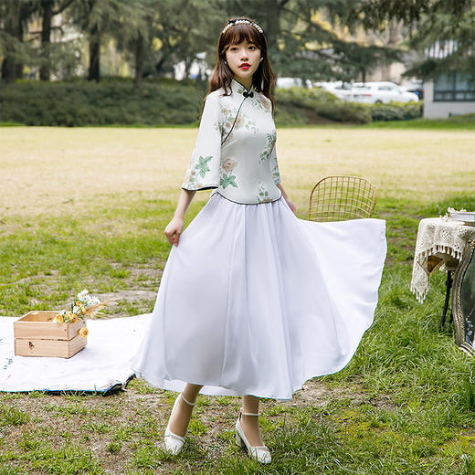 新款四面弹旗袍套装 日常小清新旗袍连衣裙两件套BJ2145 商品图0