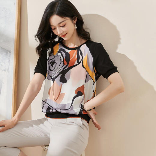 米思阳2026夏季新款时尚优雅艺术印花T恤桑蚕丝短袖圆领上衣1490 商品图1
