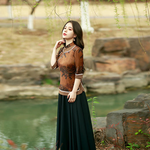 BJ-2226新款香云纱长款少女改良版连衣裙 春夏优雅气质旗袍裙套装两件套 商品图3