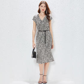 丁摩 短袖V领真丝连衣裙重磅真丝法式收腰配真皮腰带桑蚕丝裙子Q121162