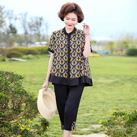 613548-118 妈妈夏装短袖T恤衬衫中年妇女装洋气雪纺上衣中老年大码薄款套装