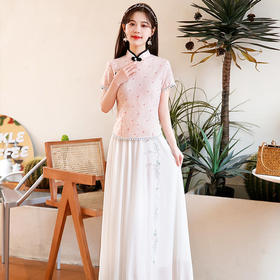 BJ-22002春季新款棉麻长款旗袍套装两件套 气质短袖改良旗袍连衣裙