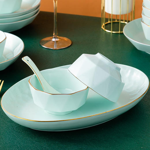 【传统青瓷】轻奢青瓷钻石纹描金边釉下彩 餐具 简约风格防烫 碗碟套装陶瓷餐具家用吃饭碗菜盘套装 商品图9