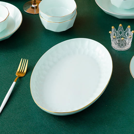 【传统青瓷】轻奢青瓷钻石纹描金边釉下彩 餐具 简约风格防烫 碗碟套装陶瓷餐具家用吃饭碗菜盘套装 商品图7